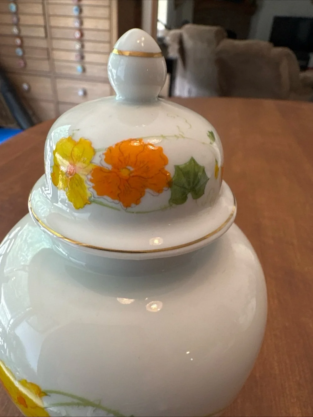 Porcelain Floral Ginger Jar in White with Orange and Green Accents